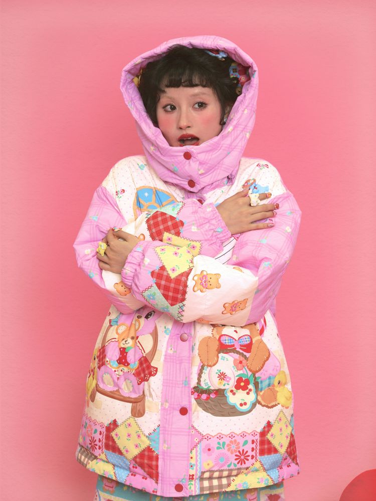 곰 핑크 따뜻한 후드 재킷 [S0000011331]
