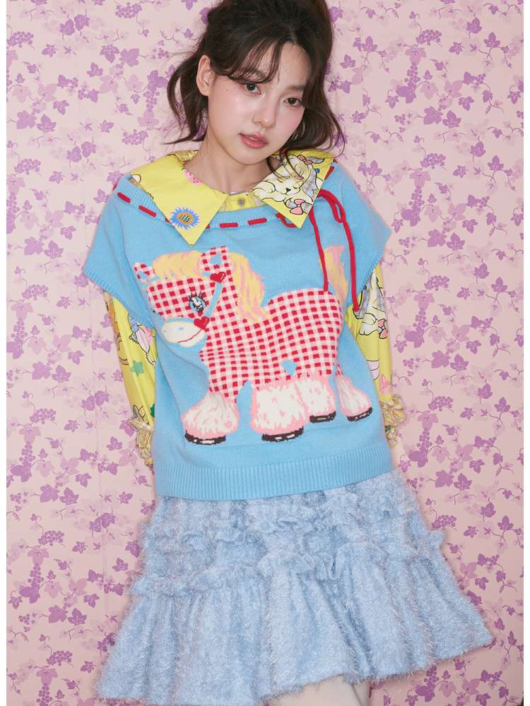 Blue Red Plaid Pony Knit Vest【s0000015023】