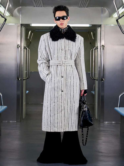 Thorn Stripe Panel Fur Collar Coat【s0000014642】