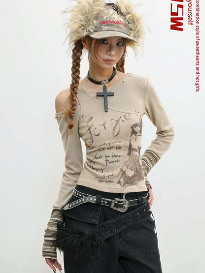 Slim Hot Girl Off-Shoulder Patchwork Shirt【s0000014830】