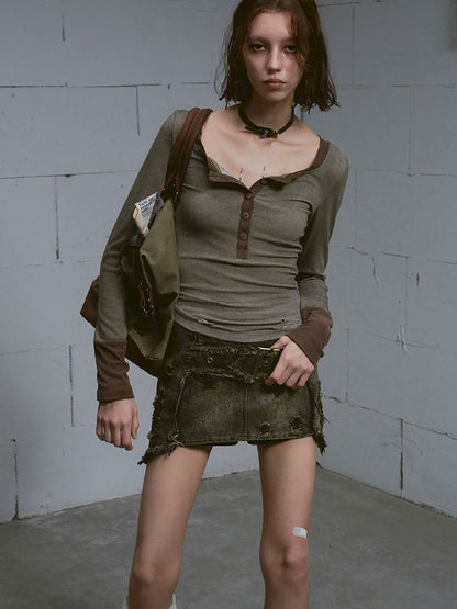 Henley Collar Knit T-Shirt【s0000011850】