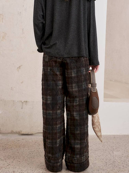 Textured straight leg loose plaid trousers【s0000014384】