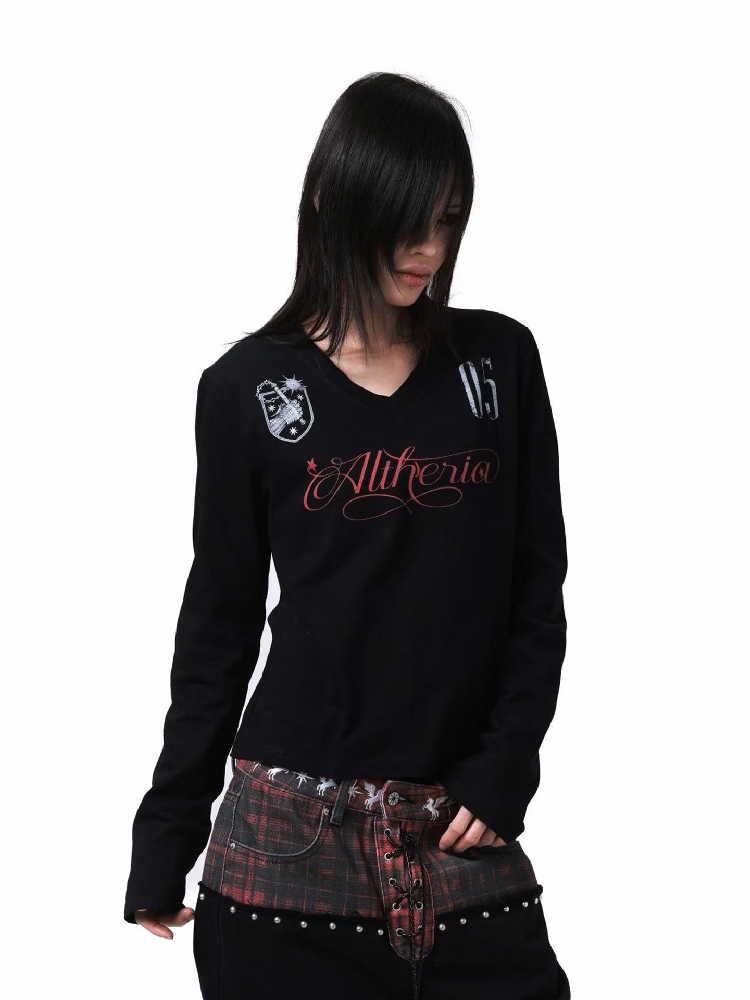 Dark V Neck Gauze Long Sleeve Shirt【s0000018197】
