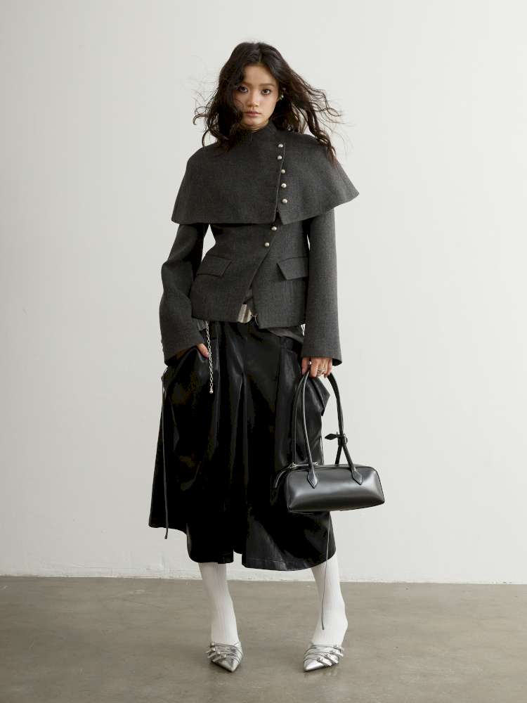 Removable Cape Gray Tweed Coat【s0000015192】