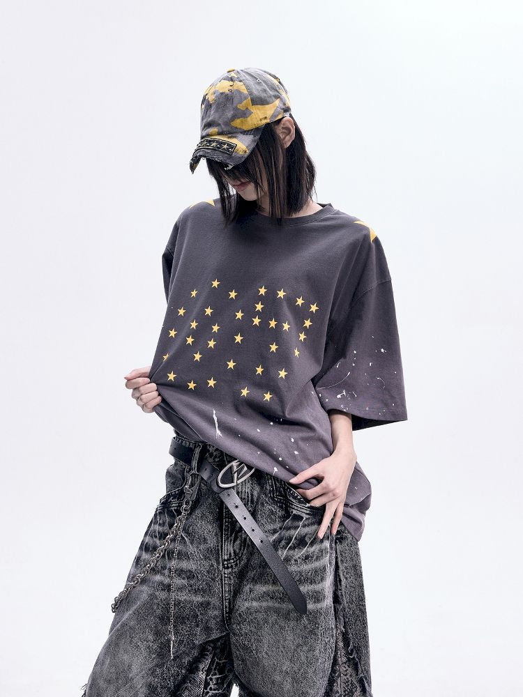 Ink Splatter Print Gradient Washed T-Shirt【s0000012094】