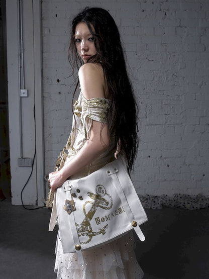 Gold foil print heavy-duty leather shoulder bag【s0000012778】