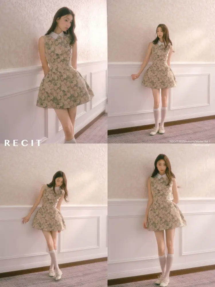 Rose Oil Painting Shirt Collar Sleeveless Dress【s0000014340】