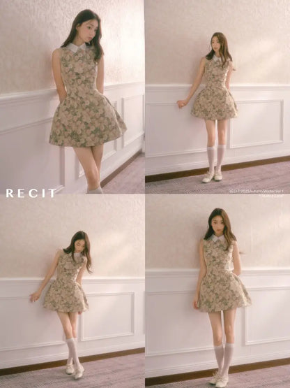 Rose Oil Painting Shirt Collar Sleeveless Dress【s0000014340】