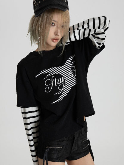 Black White Patchwork Long T-Shirt【s0000018563】