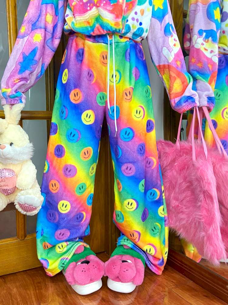 Y2K Niche Color Smiley Face Fleece Slacks【s0000014635】