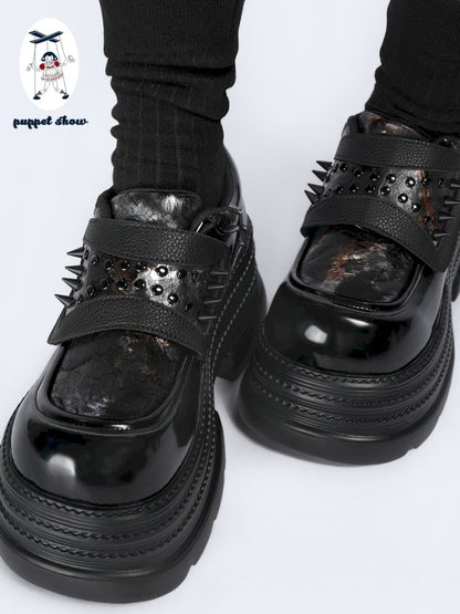 Rivets dark black small leather shoes【s0000013709】