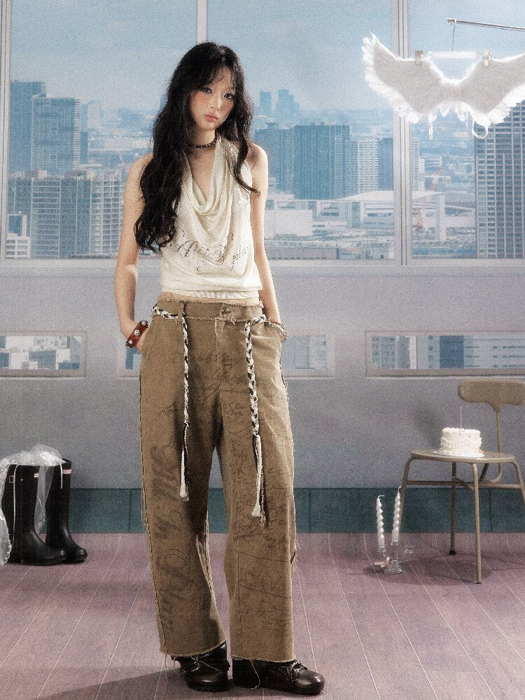 Retro Light Asian Letter Print Slacks【s0000016523】
