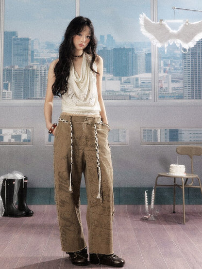 Retro Light Asian Letter Print Slacks【s0000016523】