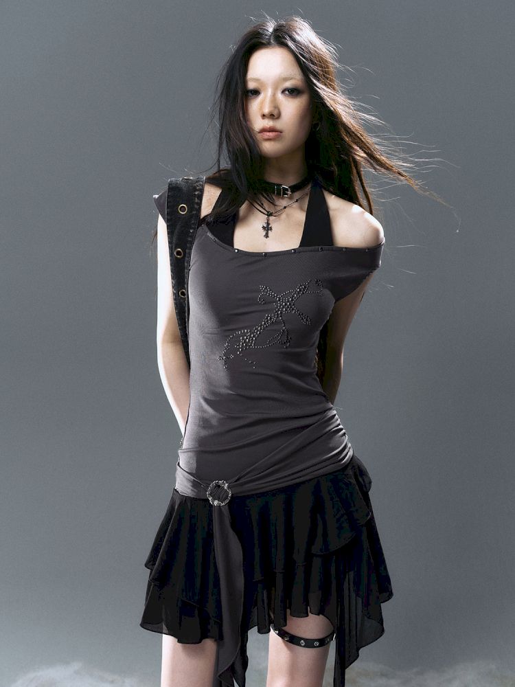 Chiffon ruffle patchwork off-the-shoulder dress【s0000012801】