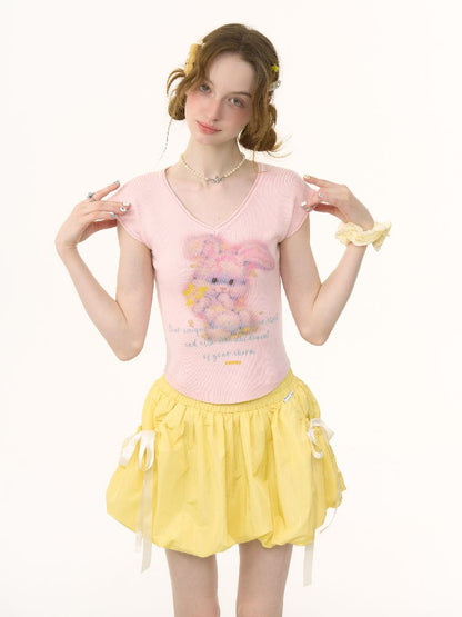 Rabbit Printing V-Neck Short Sleeve T-shirt【s0000012236】