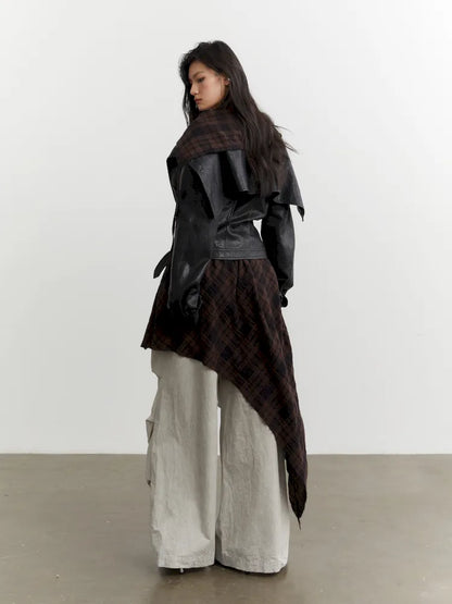 Plaid Apron Spliced Faux Leather PU Jacket【s0000014037】