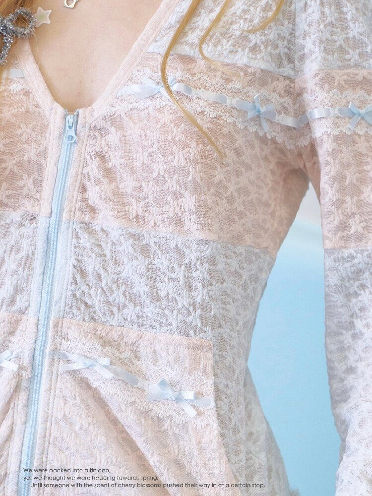 Blue Pink Sheer Lace Hooded Layer【s0000016369】