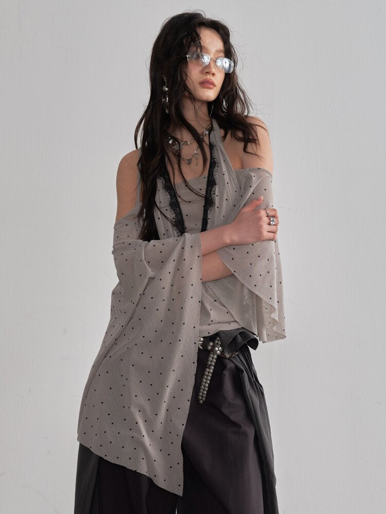 Halterneck Polka Dot Shawl Sleeve Top【s0000015694】