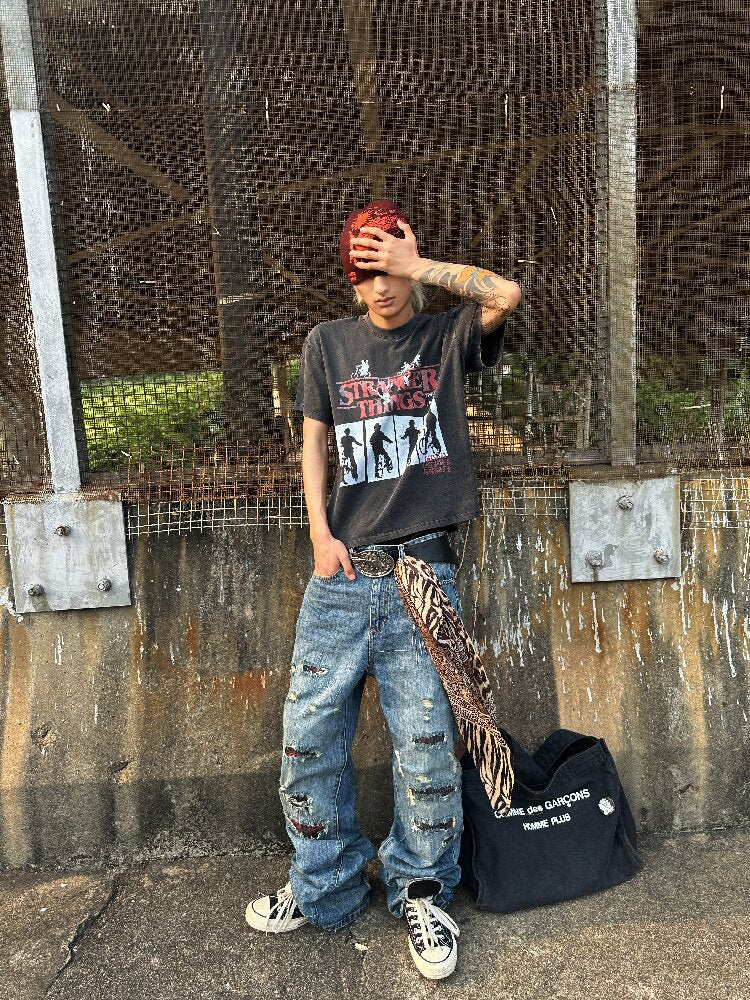 Washed Plaid Ripped Bootcut Jeans【s0000018224】