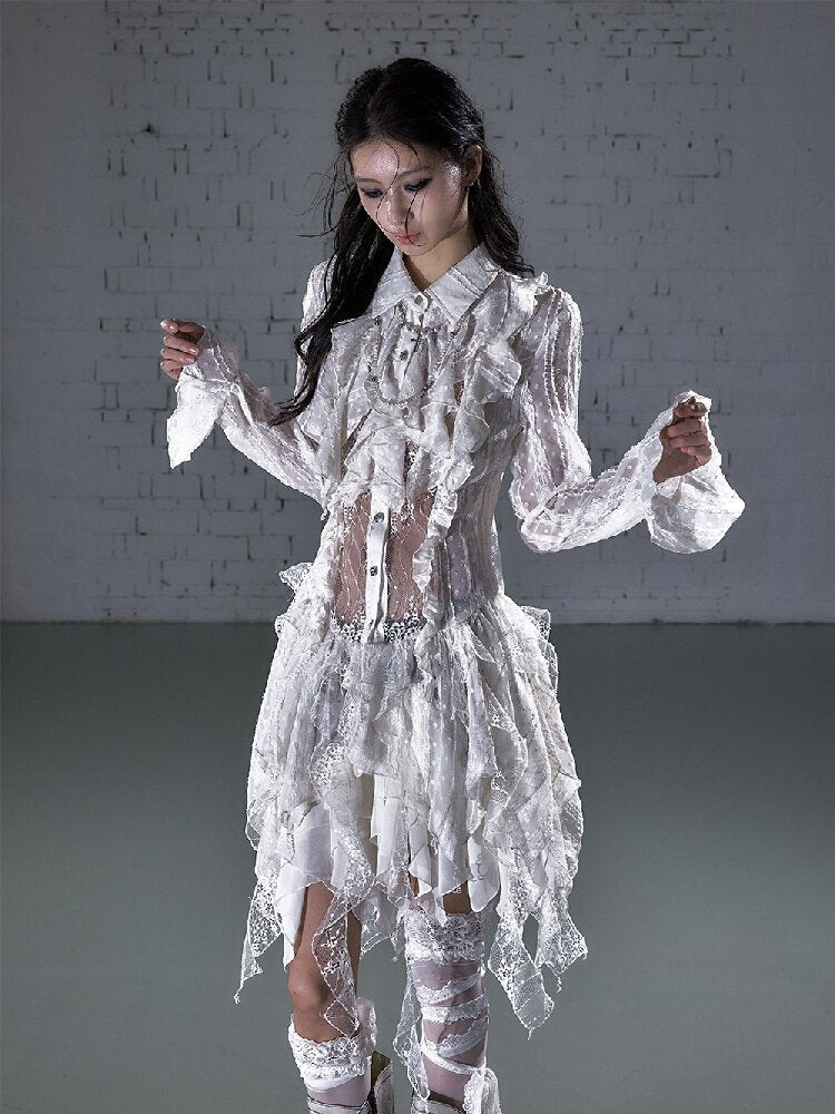 Openwork Lace Irregular Shirt Dress【s0000015941】