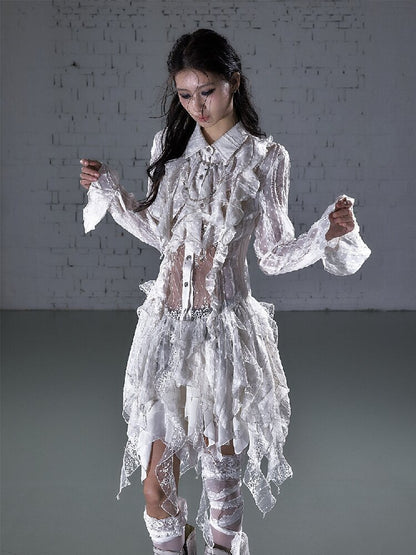 Openwork Lace Irregular Shirt Dress【s0000015941】