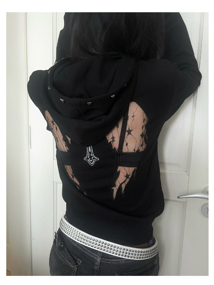 Hollow Wing Lace Cross Rivet Hoodie【s0000019268】