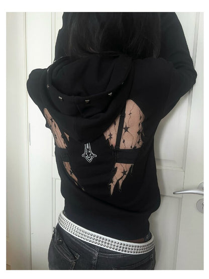 Hollow Wing Lace Cross Rivet Hoodie【s0000019268】