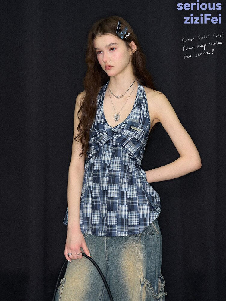 Plaid Twisted Halter Camisole【s0000017309】