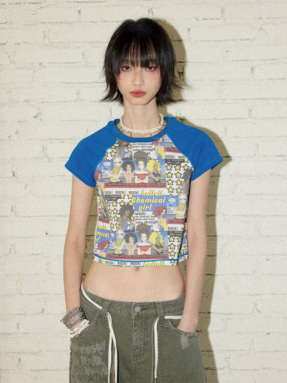 Manga Full Print Short Plunging Short Sleeve T-Shirt【s0000012433】