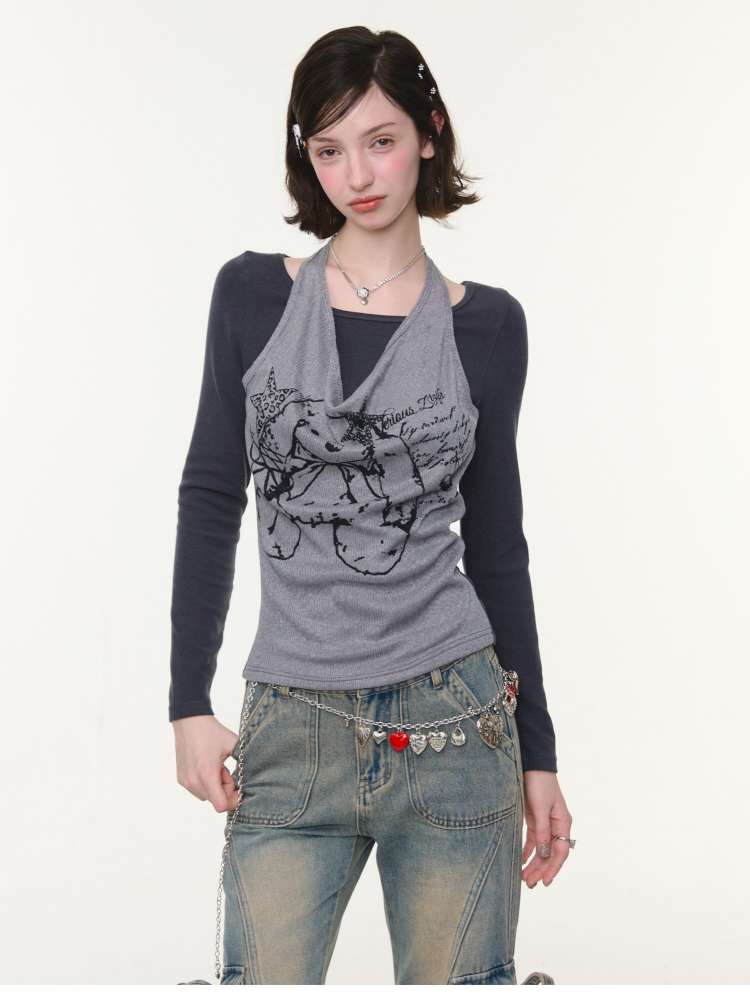 Rabbit Print Slim Halterneck Top【s0000015436】