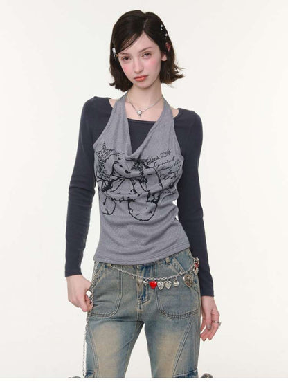 Rabbit Print Slim Halterneck Top【s0000015436】