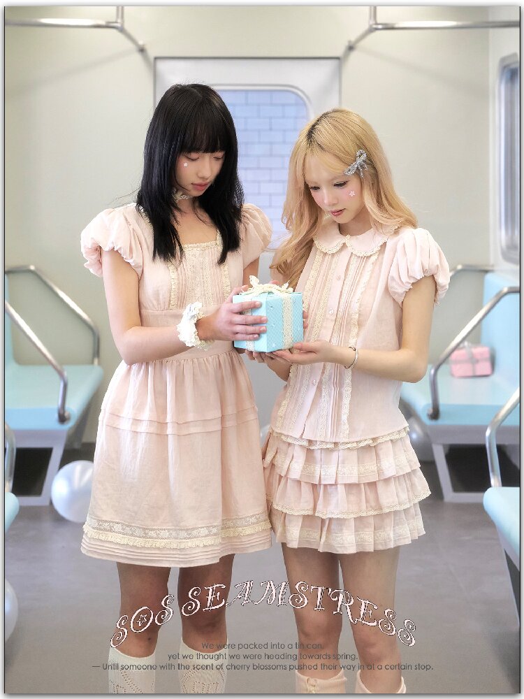 Pink Cotton Lace Bud Sleeve Dress【s0000016361】