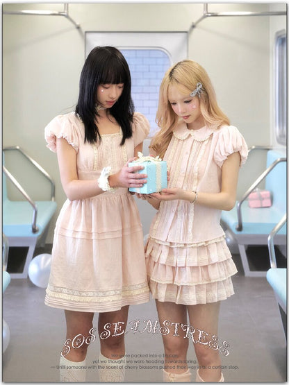 Pink Cotton Lace Bud Sleeve Dress【s0000016361】