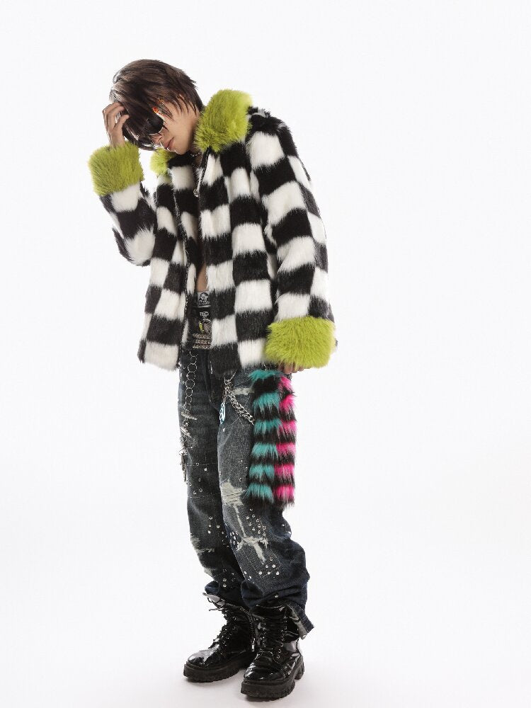 Checkerboard Patchwork Faux Coat【s0000019278】