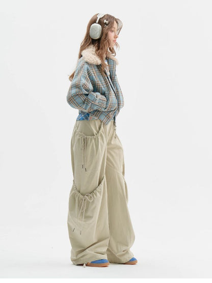 모피 칼라 슬림 블루 격자 무늬 짧은 코트 [S0000011507]