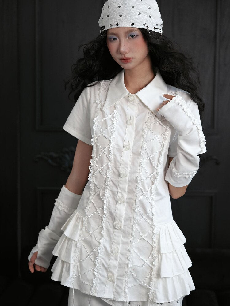 Ruffled Lace Tie Up Shirt Dress【s0000018181】