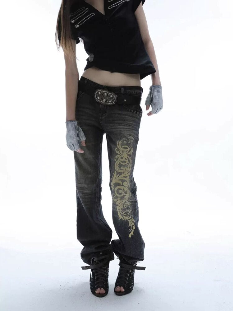 Distressed Baroque Graphic Jeans【s0000016569】