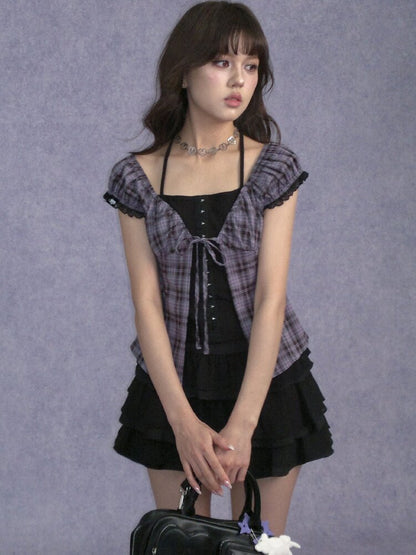 Plaid Waist Halter Two Piece Top【s0000017280】