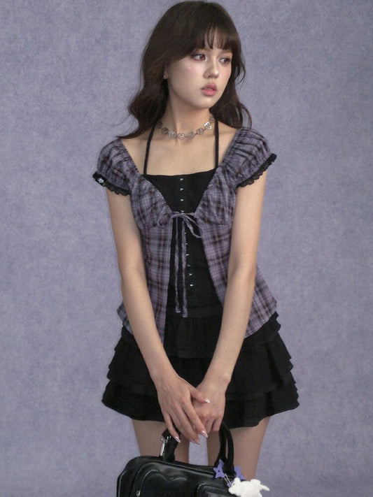 Plaid Waist Halter Two Piece Top【s0000017280】