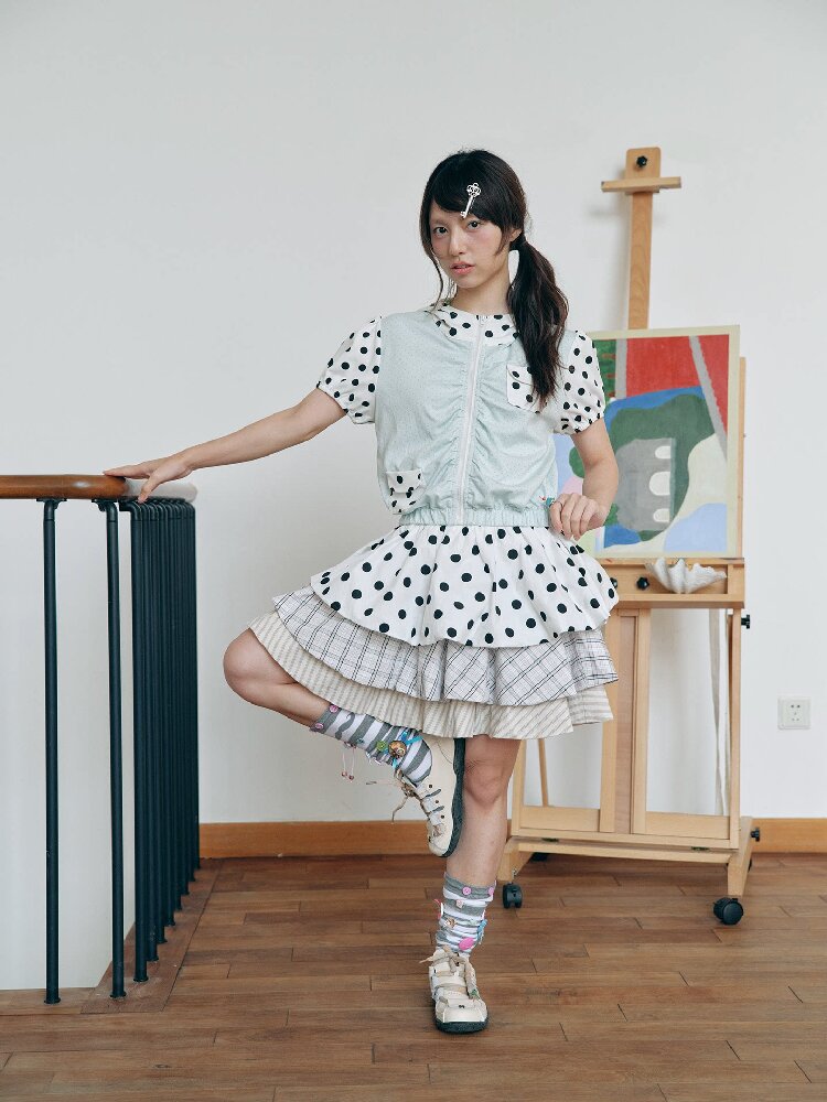Mint Polka Dot Patchwork T-Shirt【s0000018702】