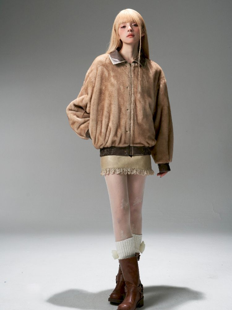 Lace Tie Brown Washed Scrub Color Fur Coat【s0000005321】