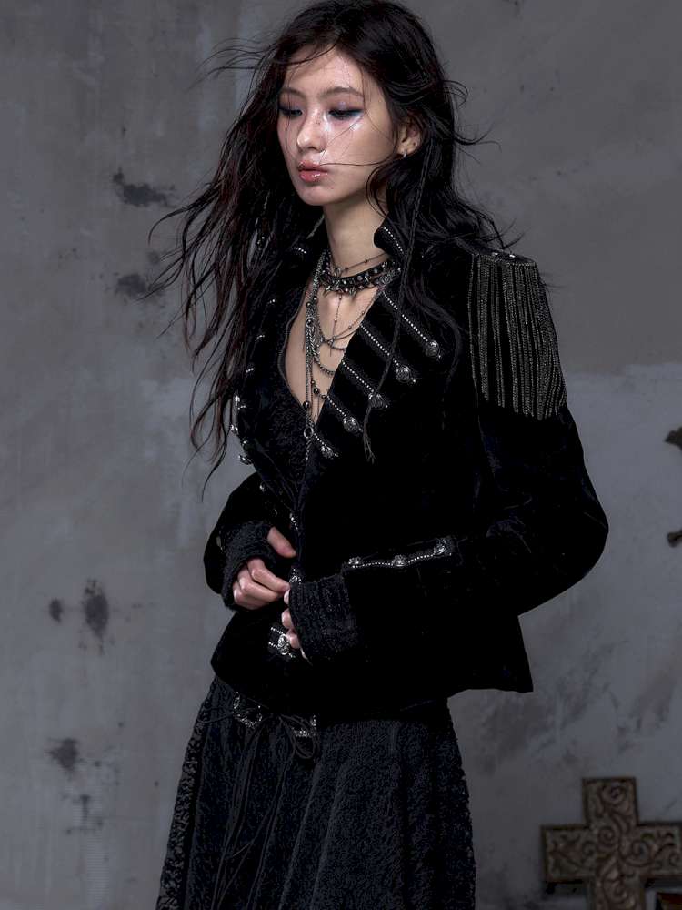 Waist-Defining Flocked Suit Jacket【s0000014458】