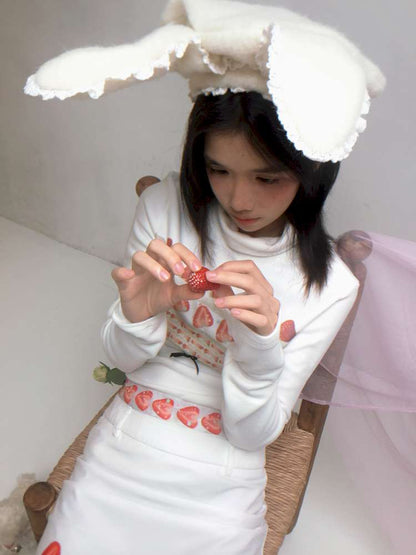 Strawberry Cake Print High-Neck T-Shirt【s0000014530】