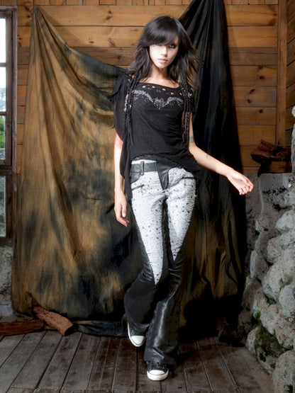 Patchwork Flared Denim Leather Pants【s0000013896】