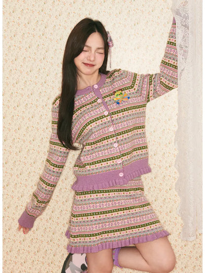 Geometric Knit Cardigan and Skirt Set【s0000014142】