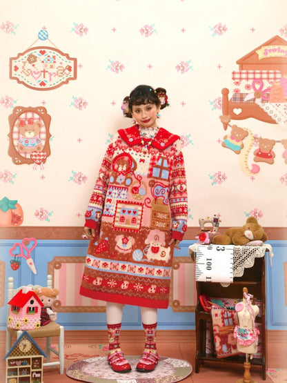 Red Sewing Bear Mink Fleece Sweater【s0000015583】