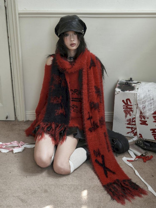 Reversible Knitted Red Scarf【s0000010725】