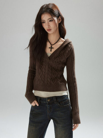 Coffee V-Neck Cropped Wool Sweater【s0000015597】