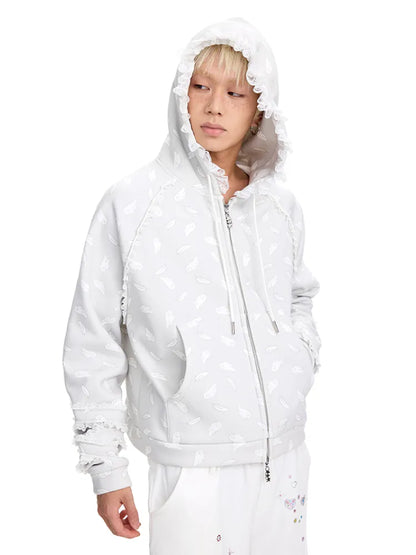 Wing Feather Print Lace-Trim Hoodie【s0000014096】