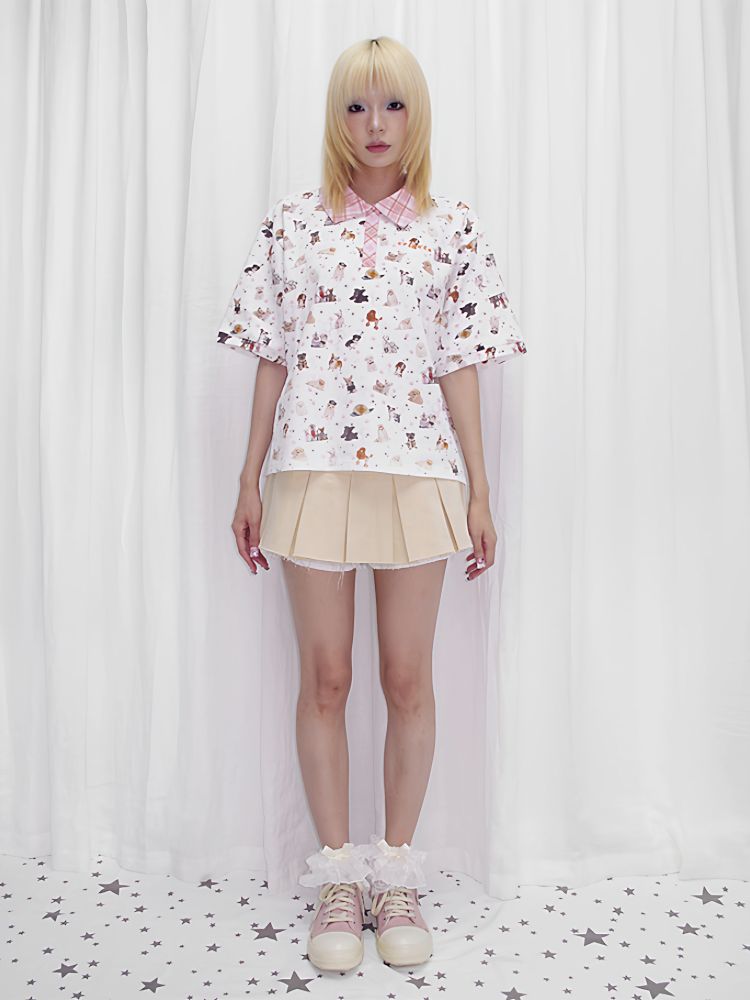 Dog Print Oversize Polo Shirt【s0000013873】